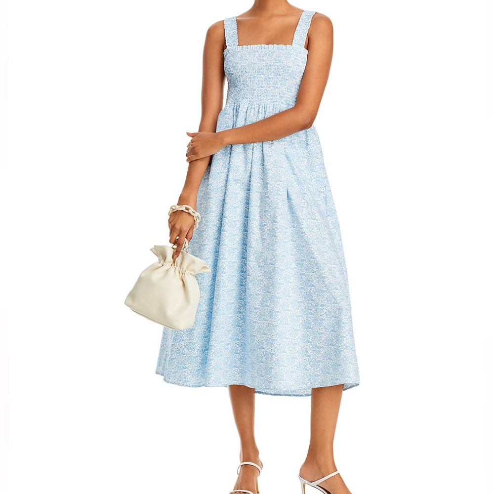 Bloomingdales Aqua Printed Cotton Smocked MIDI Dress, Light Blue, Size L…
